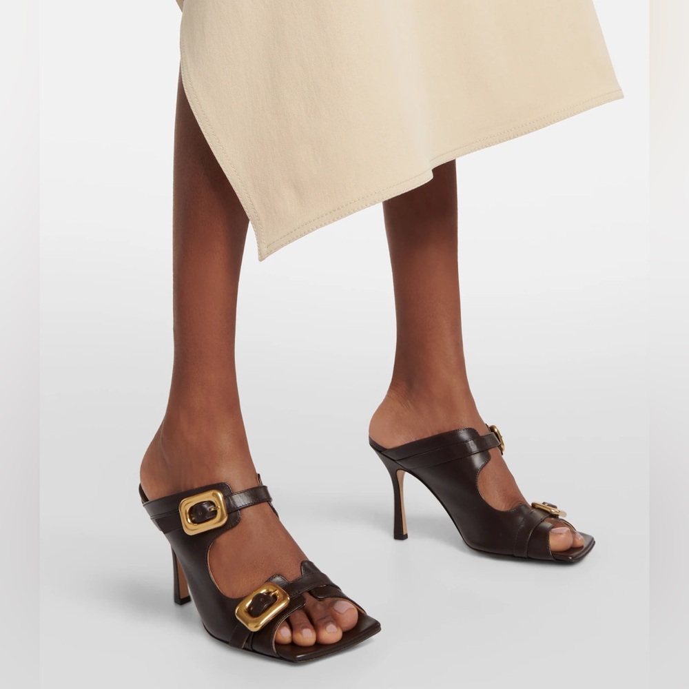 Bottega Veneta Dark Brown Leather Buckle Mule Heels with Gold Hardware